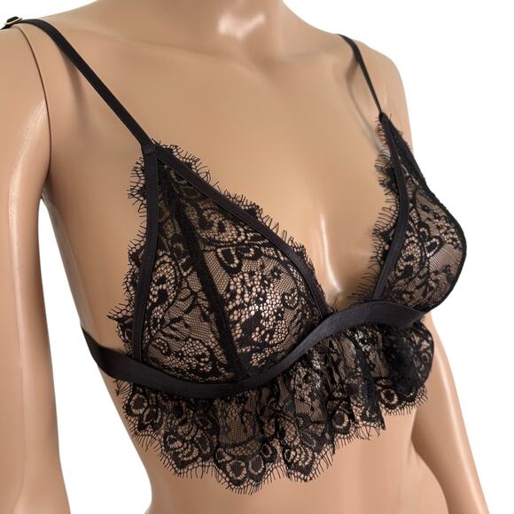 Eastnwest Label Triangle Bralette Womens S Whimsigoth Lace Sheer Ruffle BLK NWT - Picture 1 of 7